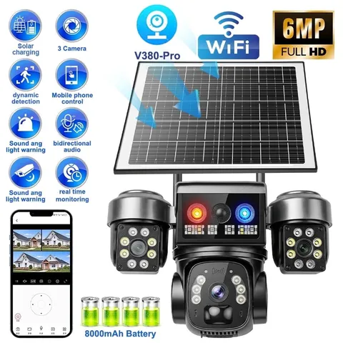 6MP WiFi Solar Security Camera, Triple Lens with 3-Screen View, PTZ, PIR Motion