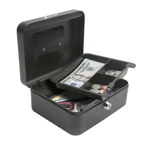 First Alert Black Steel Cash Box, Key Lock, Removable Tray, For Cash & Valuables