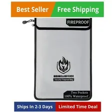 Upgraded Two Pockets Fireproof Document Bag 2000℉, 15”x 11”Waterproof Firepro...