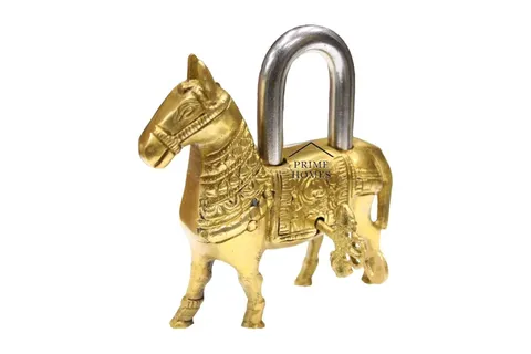 Antique Handcrafted Brass Horse Design Padlock with Working Keys
