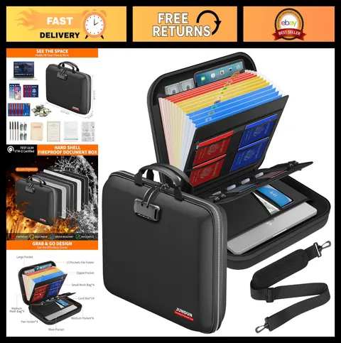 Fireproof Document Box with Lock & Strap, Portable Organizer, 13 Pocket Accordio