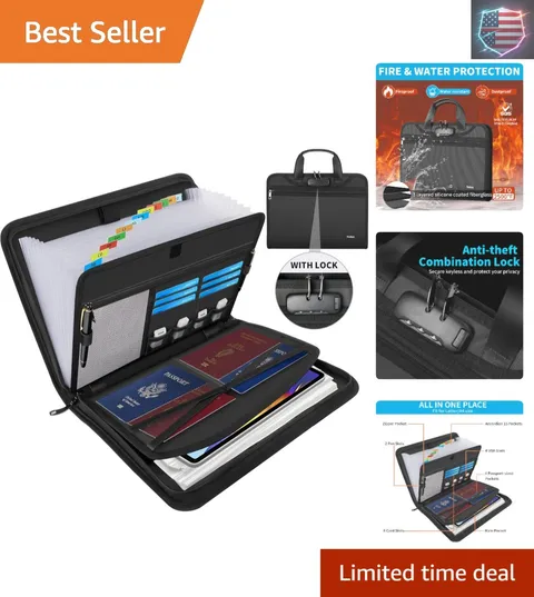 Fireproof Accordion File Organizer with Lock, Important Document Organizer Ho...