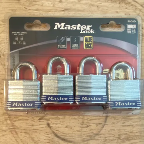 Master Lock 3008D Steel Laminated Keyed Padlocks, Same Key, 4-Pack, 2 Keys
