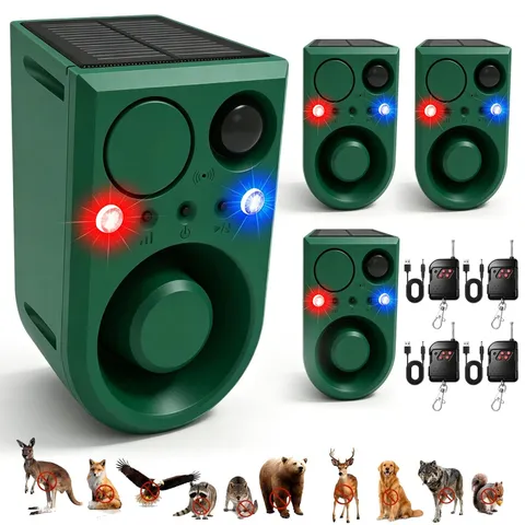 Solar Motion Sensor Alarm with Dog Bark Sound, 130dB Loud, 3 Modes, Strobe Light