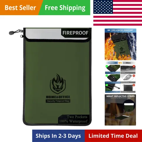 Upgraded Two Pockets Fireproof Document Bag 2000℉, 15”x 11”Waterproof Firepro...