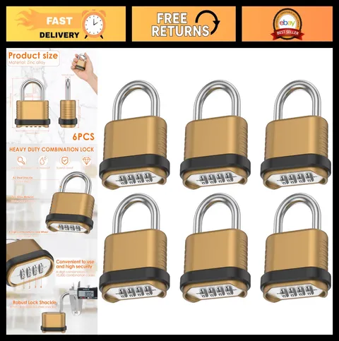 6 Pack Heavy Duty Weatherproof 4-Digit Combination Padlocks for Outdoor Use, Res