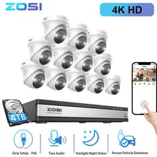 ZOSI 8MP Security Camera System 16CH 4K POE NVR 4TB HDD  AI Person Car Detection