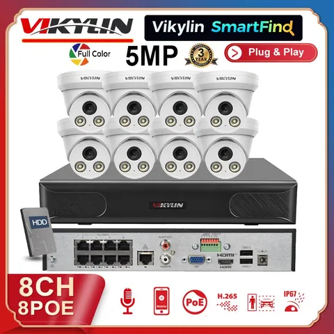 Vikylin SmartFind 8CH 8 POE NVR CCTV System 5MP IP Camera Full Color Audio Lot