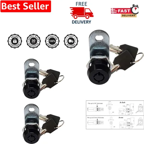 Durable Black Tubular Cam Locks, 5/8" Size, Anti-Drill - Pack of 2 for Easy Use
