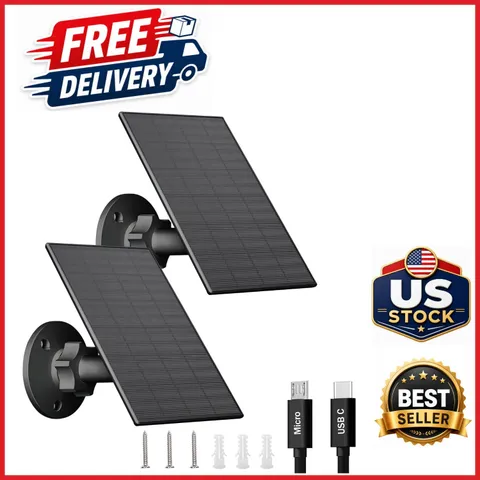 2W Solar Panel for Security Cameras USB-C Black 2 Pack with Adjustable Mount