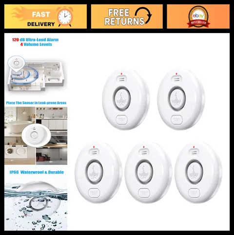 5 Pack Water Leak Alarm Sensors - 120dB Loud Alert, IP66 Waterproof, Easy Instal