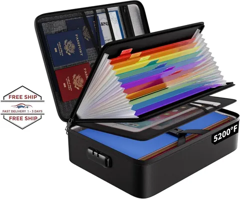 Bolsa organizadora de archivos ignífuga con 13 bolsillos coloridos,con cerradura
