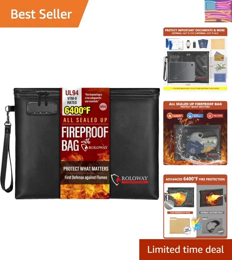 Fireproof Document Bag 14.5 x 11.5 inch, 6400℉ Fireproof Money Bag with Zippe...