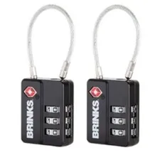 Brinks, 1/4in 3-Dial TSA Luggage Padlock with Steel Cable Shackle, 2-Pack BLACK