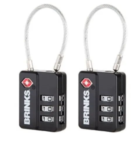 Brinks, 1/4in 3-Dial TSA Luggage Padlock with Steel Cable Shackle, 2-Pack BLACK