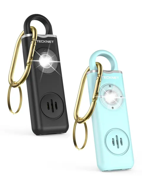 TECKNET Rechargeable Personal Safety Alarm for Women, 2-Pack 1 Black & 1 Blue