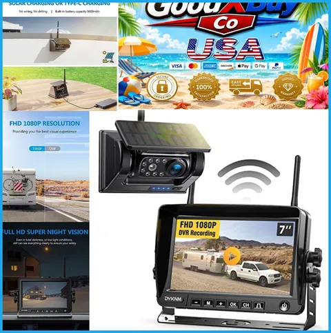 Magnetic Solar Wireless Backup Camera 7 Inch 1080P IPS DVR Monitor 9600mAh