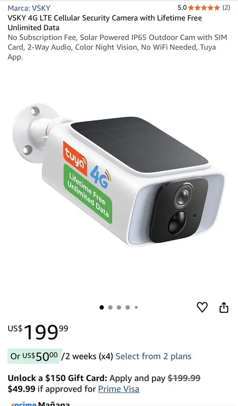VSKY 4G LTE Solar Outdoor IP Camera Tuya 2-Way Audio Color Night Vision