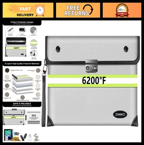 Fireproof Document Bag 6200°F Waterproof Zippered 9-Layer Insulation for Cash &