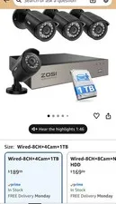 ZOSI 8-Channel Wired BNC CCTV DVR System w/ 4 Cameras, 1TB HDD, Night Vision