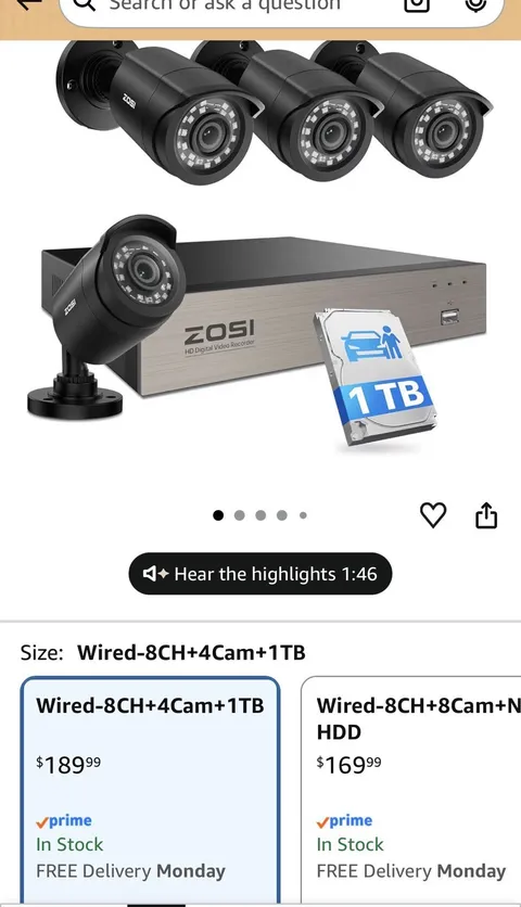ZOSI 8-Channel Wired BNC CCTV DVR System w/ 4 Cameras, 1TB HDD, Night Vision
