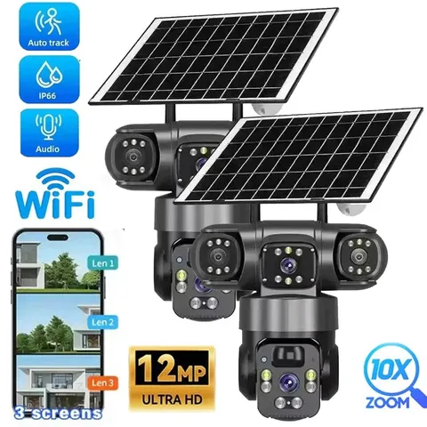 3 Lens 12MP Solar Battery Home Security Camera Outdoor Wifi Wireless PTZ CCTV A