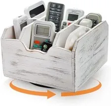 Rotating Remote Caddy Wooden Media Organizer Desktop Storage Basket Stand Table