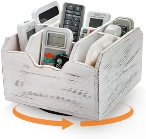 Rotating Remote Caddy Wooden Media Organizer Desktop Storage Basket Stand Table