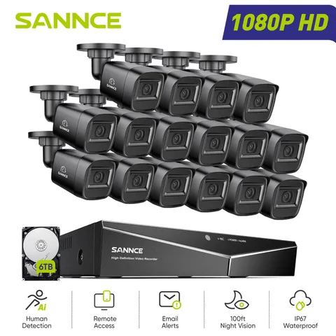SANNCE 16CH DVR 1080P Outdoor CCTV Security Camera System IR Night AI Detection