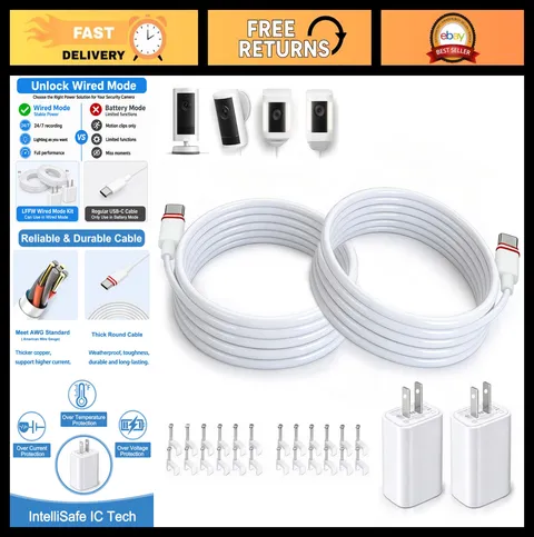10FT Power Adapter for Ring Outdoor Camera, Wired Mode, 2-Pack, Security Accesso