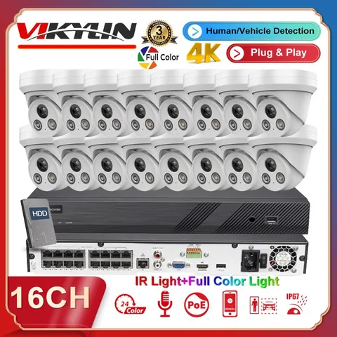 Vikylin 4K 16CH 16 POE NVR CCTV System 8MP Smart Full Color+IR IP Camera MIC Lot