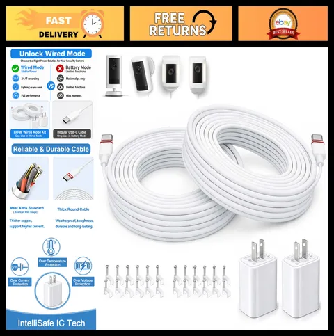 20FT Power Adapter for Ring Outdoor Cam Plus/Pro - Weatherproof USB Type C Cord