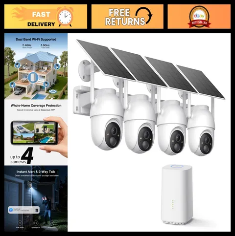 Wireless Solar Security Camera System, 4-Cam Kit, 2K/4MP, 64GB Storage, PIR Moti