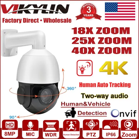 Vikylin 4K 8MP 40X 25X ZOOM PTZ 360° Outdoor POE IP Camera IR Auto Tracking NDAA