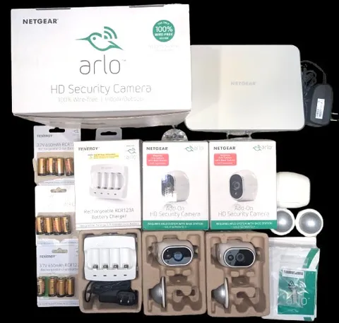 NETGEAR Arlo VMB3000 3 Cameras, Base Station, 12 Tenergy Batteries, Charger OEM
