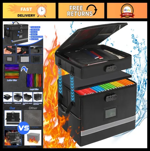 Portable Fireproof File Box with Lock & Handle - 2 Layer Document Organizer for