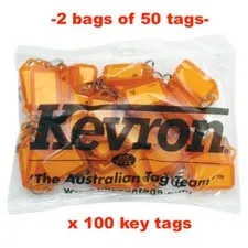 KEVRON Bulk Key Tags x 100-ORANGE Plastic Click Keyring Tags 100 TAGS -FREE POST