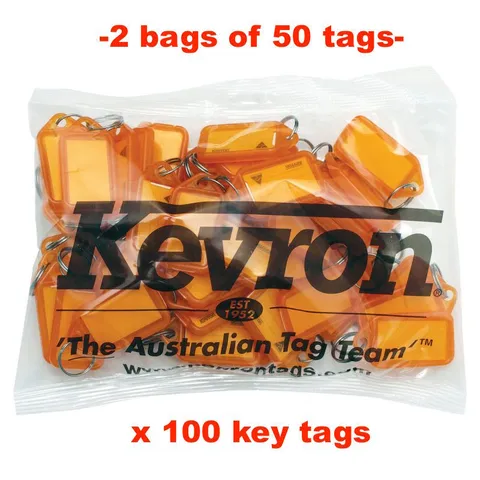 KEVRON Bulk Key Tags x 100-ORANGE Plastic Click Keyring Tags 100 TAGS -FREE POST