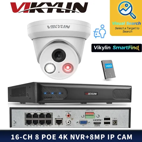 VIKYLIN SmartFind 8POE 16CH NVR Dual light Color+IR MIC 8MP Security Camera Lot