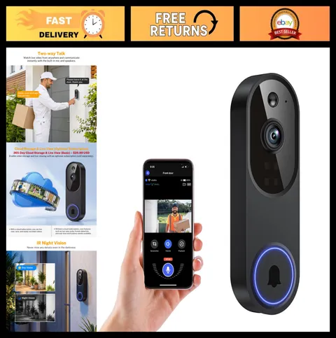 Wireless Video Doorbell Camera - 1080p, Battery-Powered, AI Motion Detection, Ni