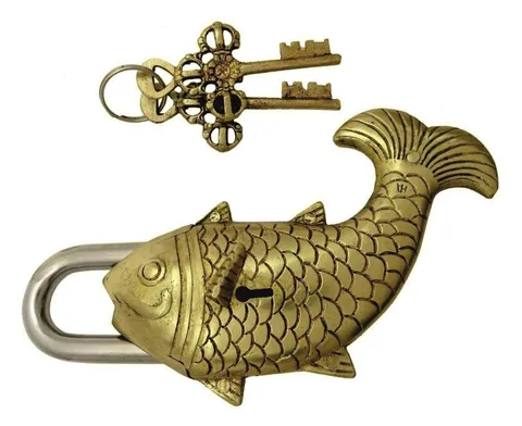 Fish Shape Door Lock Antique Victorian Style Handcrafted Brass Trick Padlock
