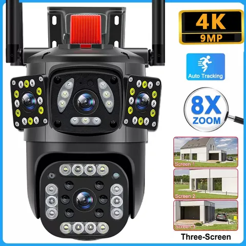 4K 9MP WiFi Surveillance Camera 360° Viewing Three Screen PTZ IP Camera Security