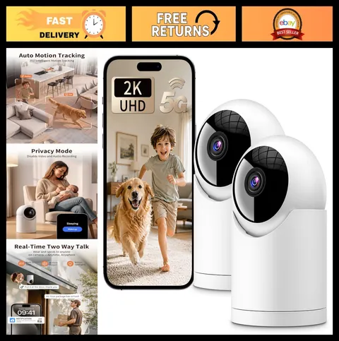 2K Indoor Security Camera, Auto Tracking, 5G/2.4G WiFi, Night Vision, AI Alerts,