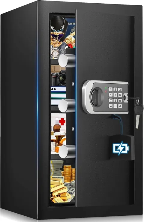 Elegant Black Home Safe - 4.6 Cubic Feet with Removable Shelves and Silent Mode