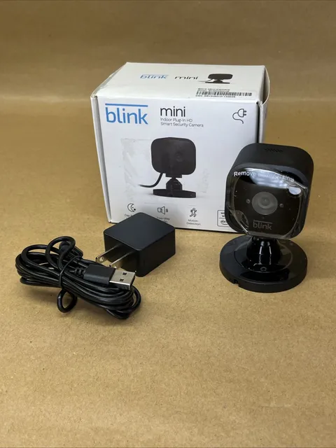 Blink Mini Compact indoor plug-in smart security camera 1080p HD, New