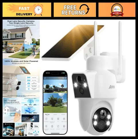 Dual-Lens Solar Security Camera - 3MP Wireless Outdoor, Color Night Vision, Moti