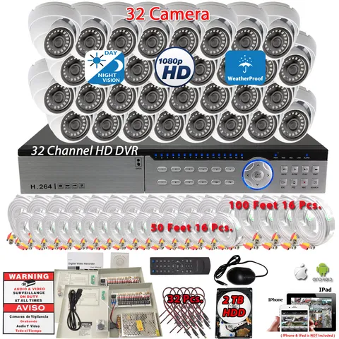 Evertech  32 Channel H264 HD DVR 32x HD  CCTV Security Dome Camera System 2TB