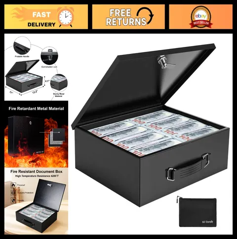 Fireproof Document Box with Key Lock & Money Bag - Large Safe Storage for Valuab