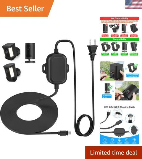 Weatherproof 20ft USB-C Power Cord for Ring Cameras - Black All-Weather Charging
