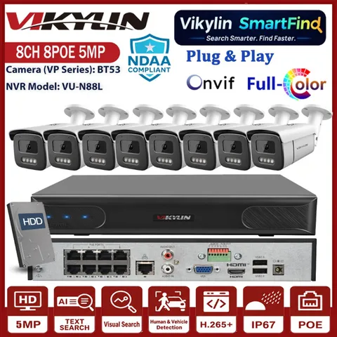 Vikylin SmartFind 8CH 8POE NVR 5MP POE Full Color Security IP Camera System Lot